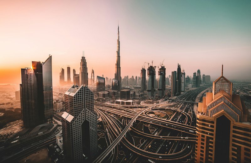 Dubai skyline with Burj Khalifa at sunset