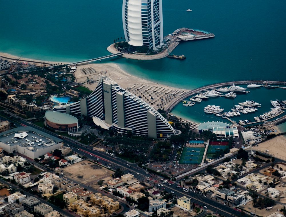 Burj Al Arab hotel surrounded by blue sea